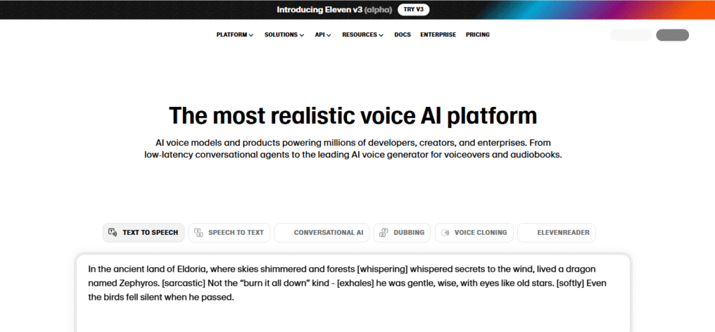 ElevenLabs' speech synthesis interface showing text input, voice selection dropdown, and audio generation button.