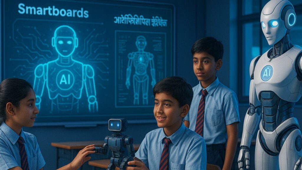 Indian students learning robotics with AI robots in a smart classroom
