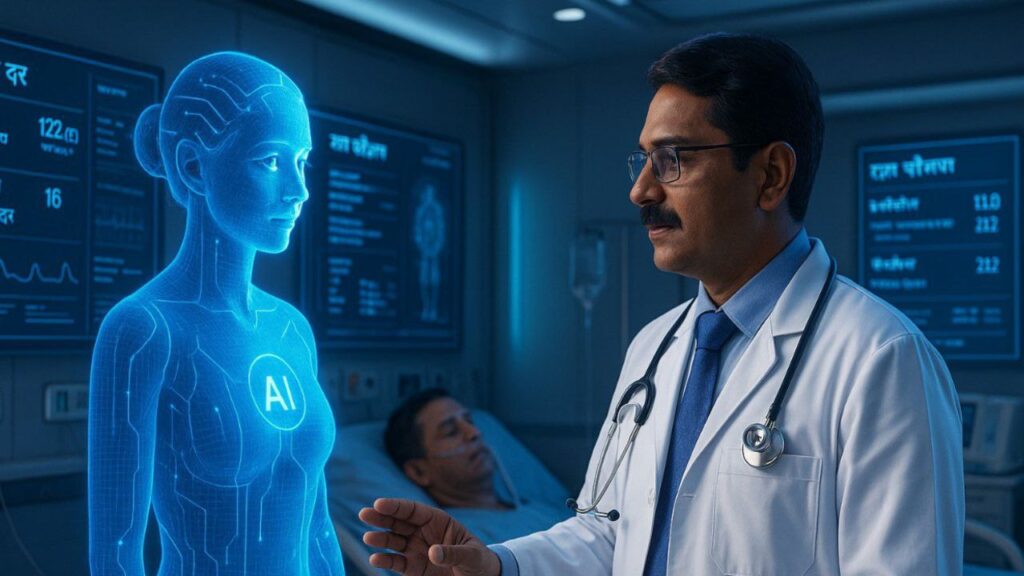 Indian doctor using AI holographic assistant in a futuristic hospital