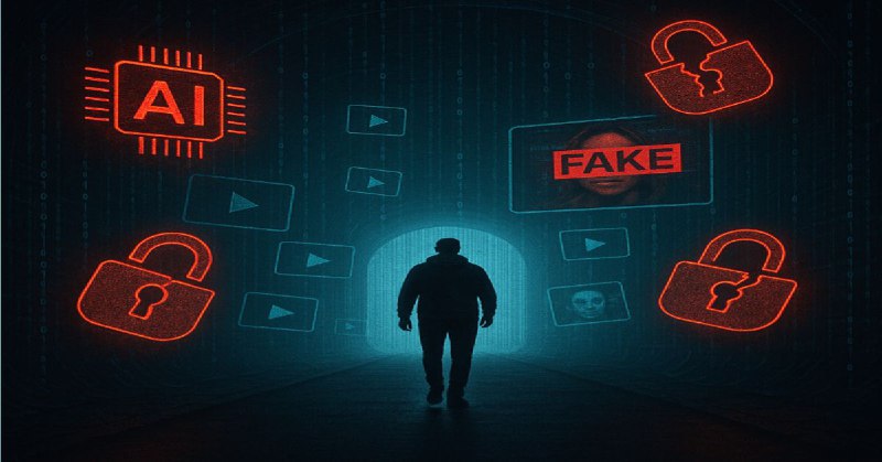 Person walking into a digital tunnel surrounded by AI symbols, fake videos, and broken padlocks.