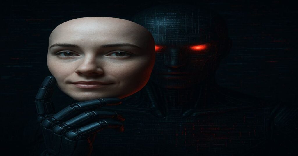 A robotic hand holding a human face mask with glowing red eyes and a digital surveillance background.