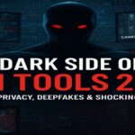 Shadowy AI figure behind digital screens showing hacked data and deepfakes with bold text “Dark Side of AI Tools 2025
