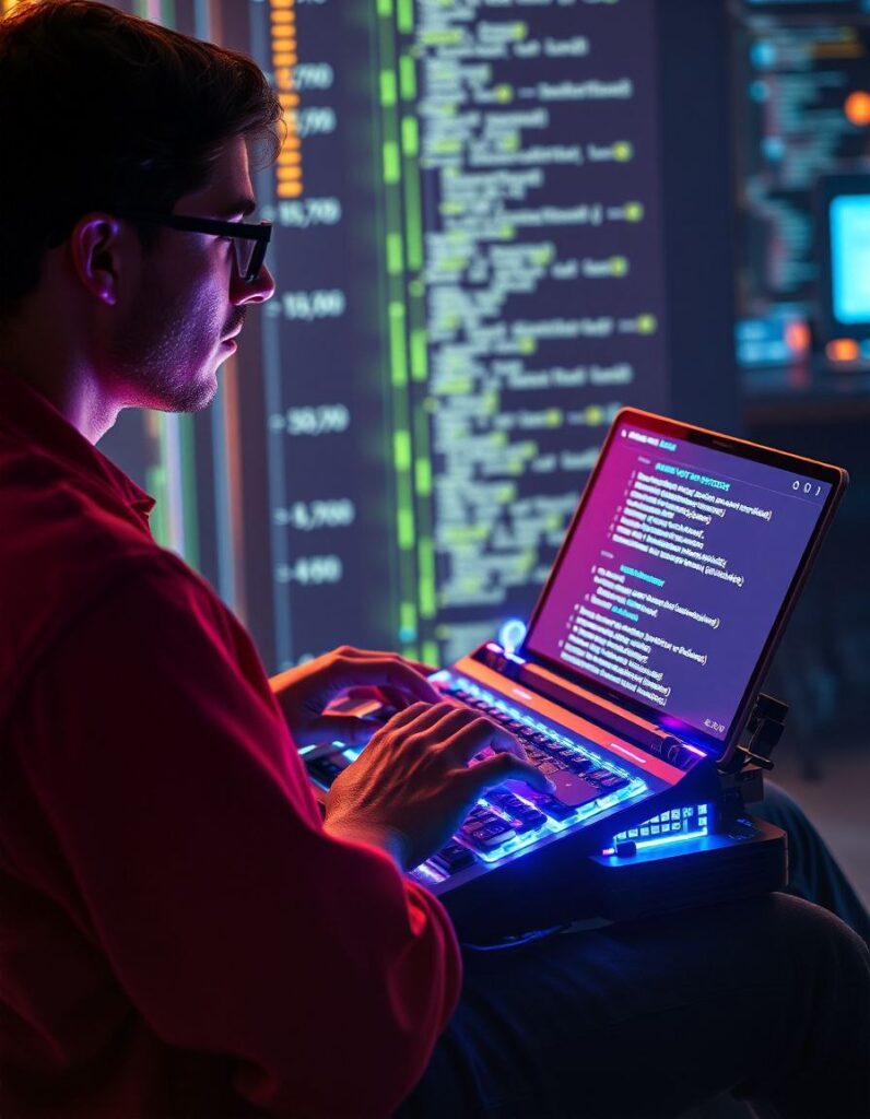AI Side Hustles 2025:-A digital writer using ChatGPT to generate content on a high-tech interface.