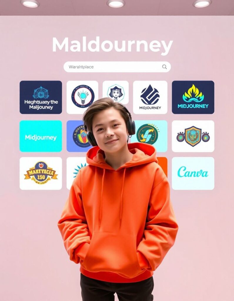 A digital artist showcasing AI-generated logos and art on an online marketplace.