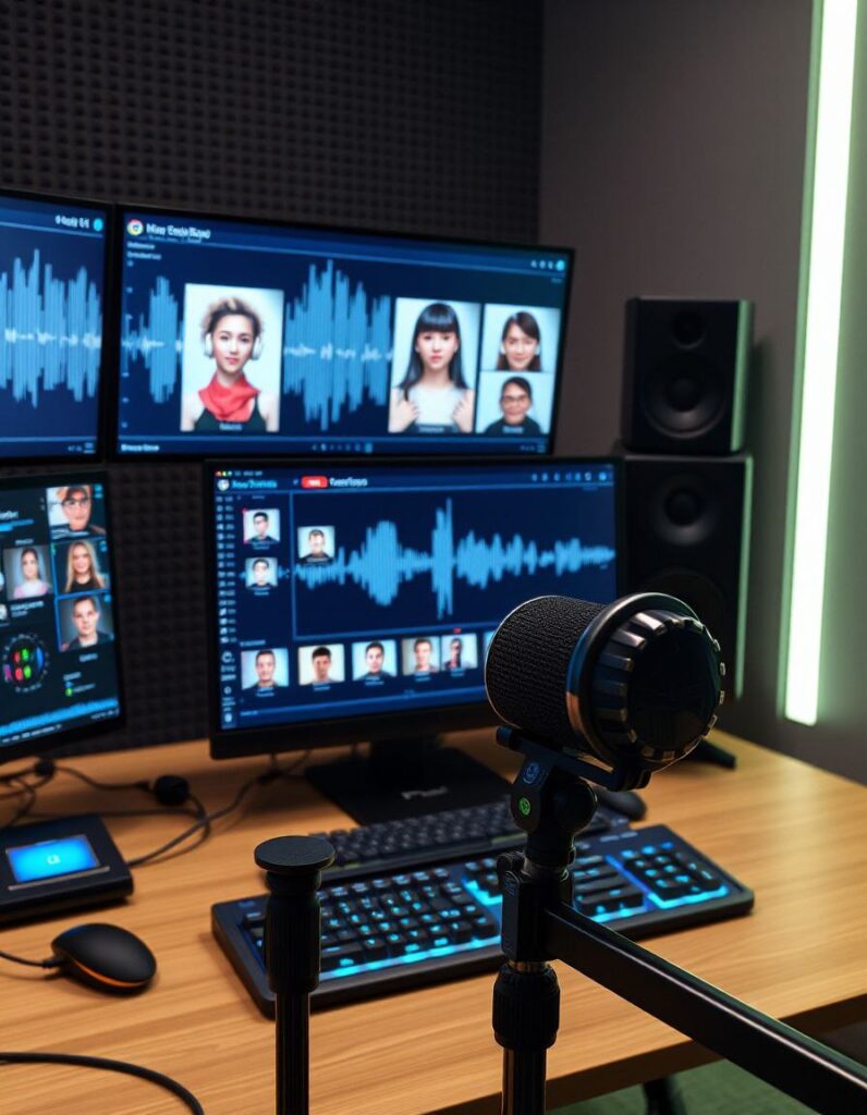 A content creator using AI to generate professional voiceovers in a digital studio.