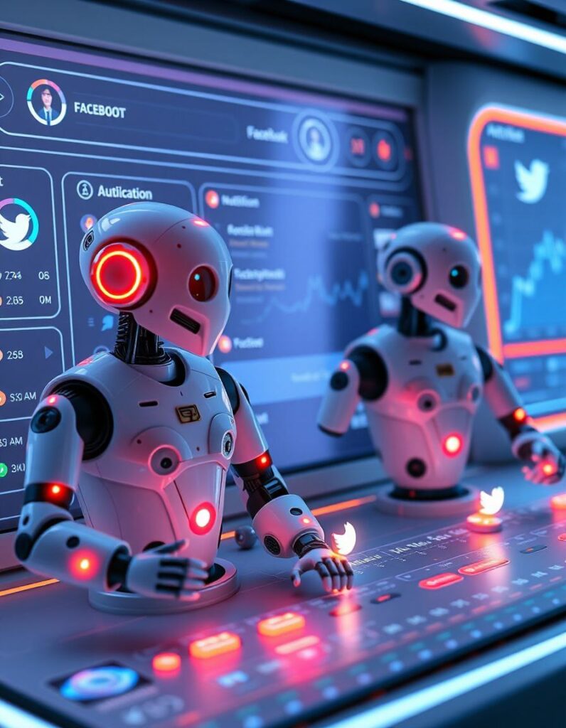 AI bots managing and scheduling social media content across multiple platforms.