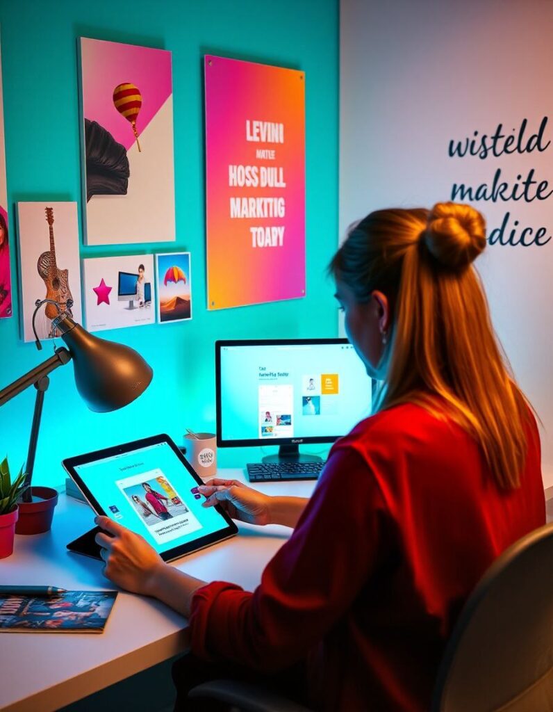 Female entrepreneur designing marketing visuals with Canva AI