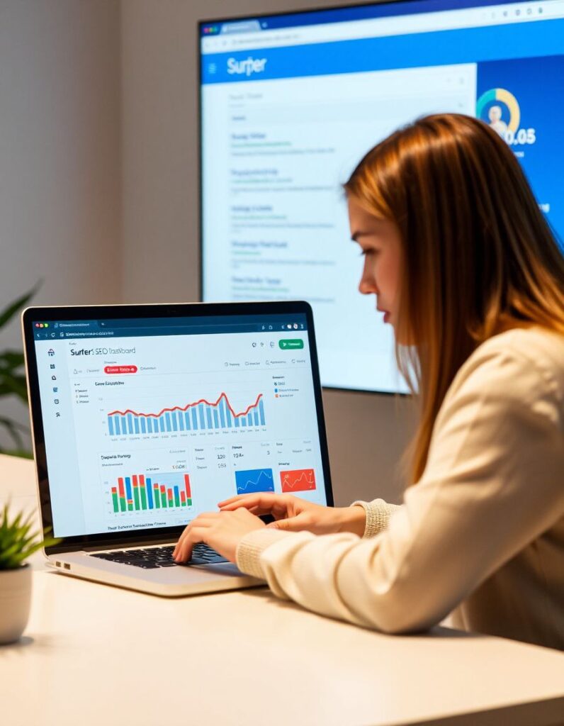 Woman analyzing SEO data on Surfer SEO dashboard to rank on Google