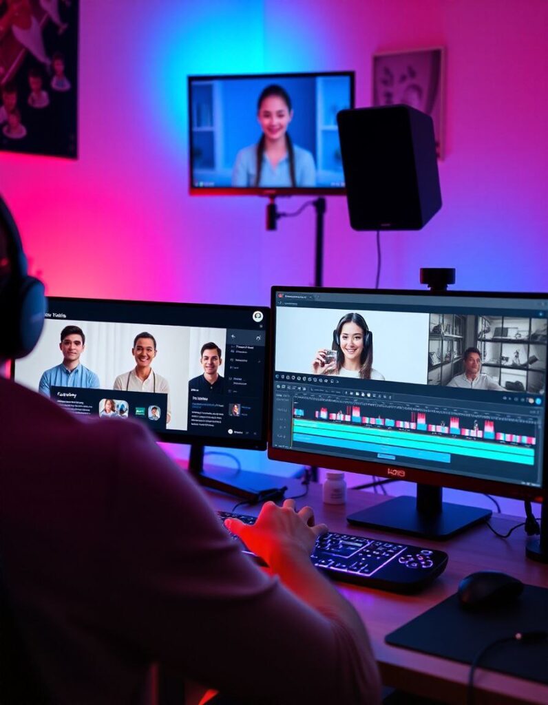 Video creator using AI tools like Pictory, RunwayML, and Synthesia to make content