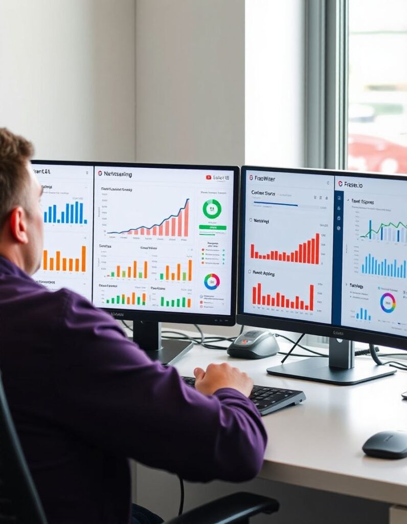 Digital marketer optimizing SEO using Surfer SEO, NeuronWriter, and Frase.io