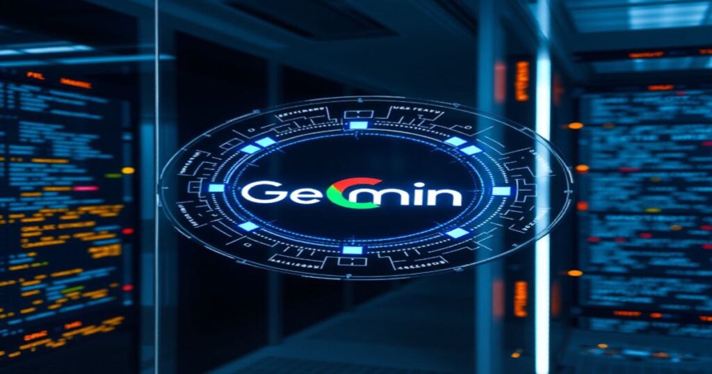 Google Gemini AI glowing with power and innovation in a futuristic server room