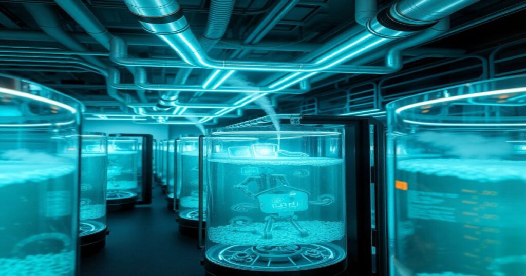 Transparent tanks with AI servers submerged in bubbling liquid and glowing pipelines