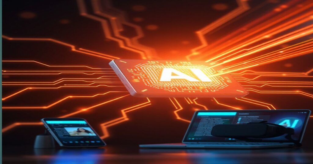 Collage of AI tools showing text generation, image prompts, voice waves, and video editing timeline