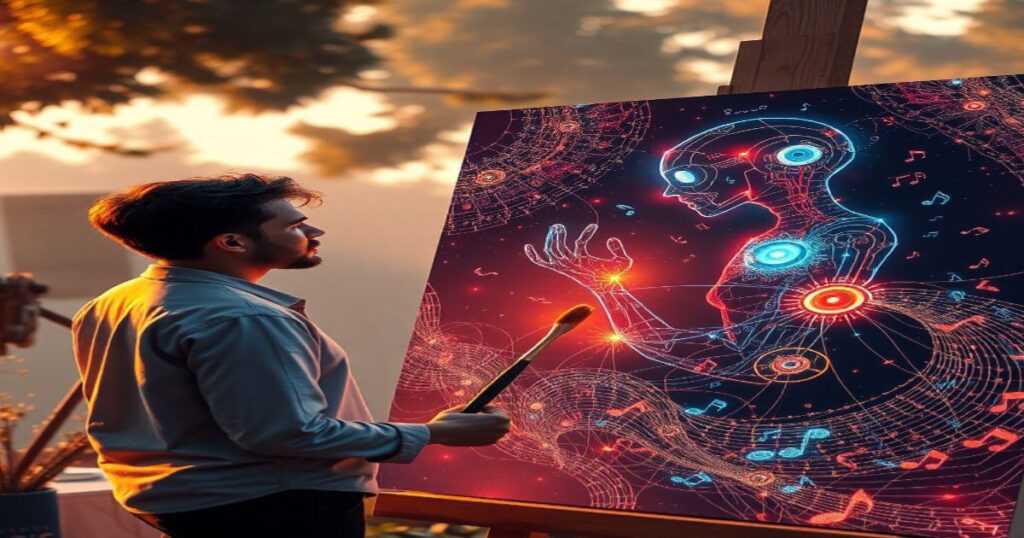 A human and glowing AI co-painting a masterpiece with code, music, and brush strokes
