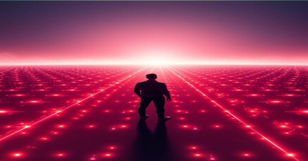 A glowing digital road stretching into a luminous AI-powered future with a human silhouette