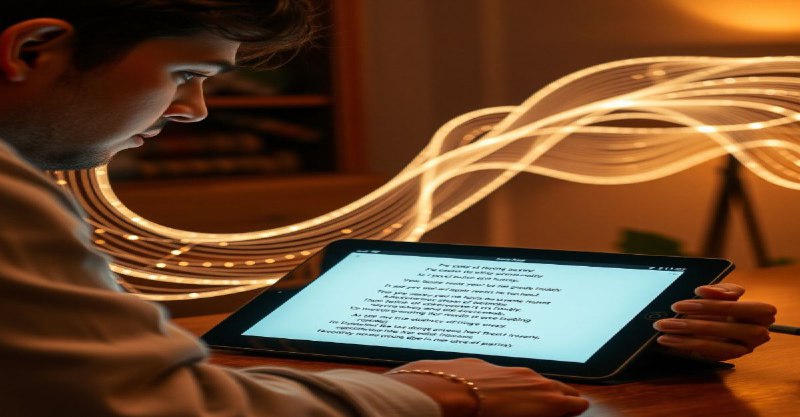 A person looks amazed at a tablet showing a flowing poem, with digital code morphing into art behind them
