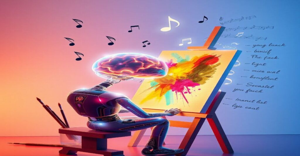 A glowing AI brain creating art with floating brushes, surrounded by music notes and poetic text in a futuristic studio