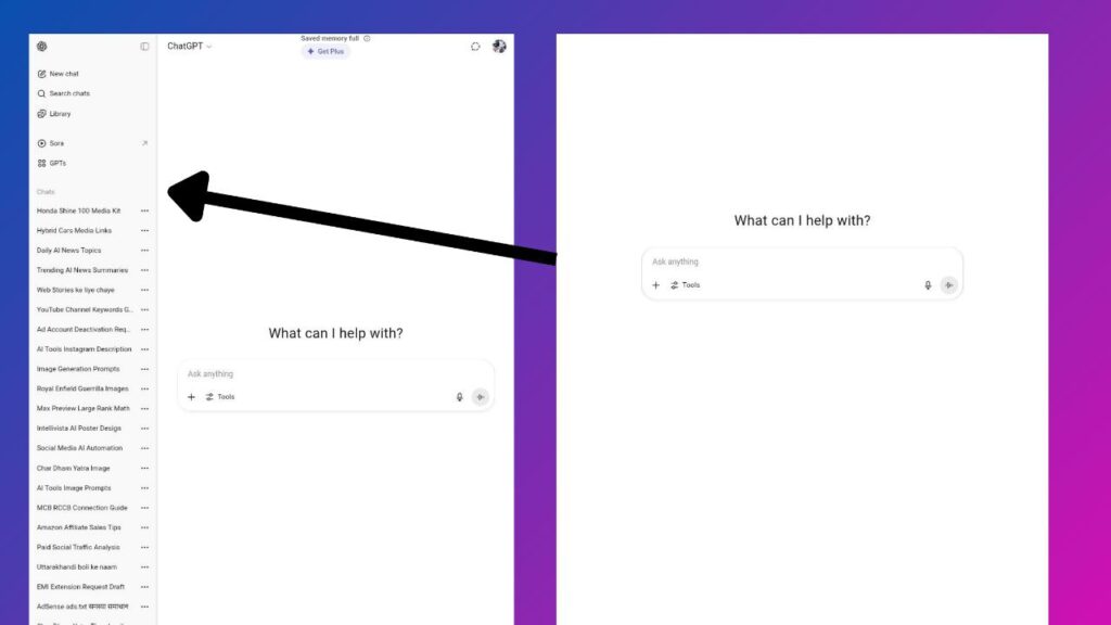 ChatGPT user interface showing the chat input box and conversation history on the left.