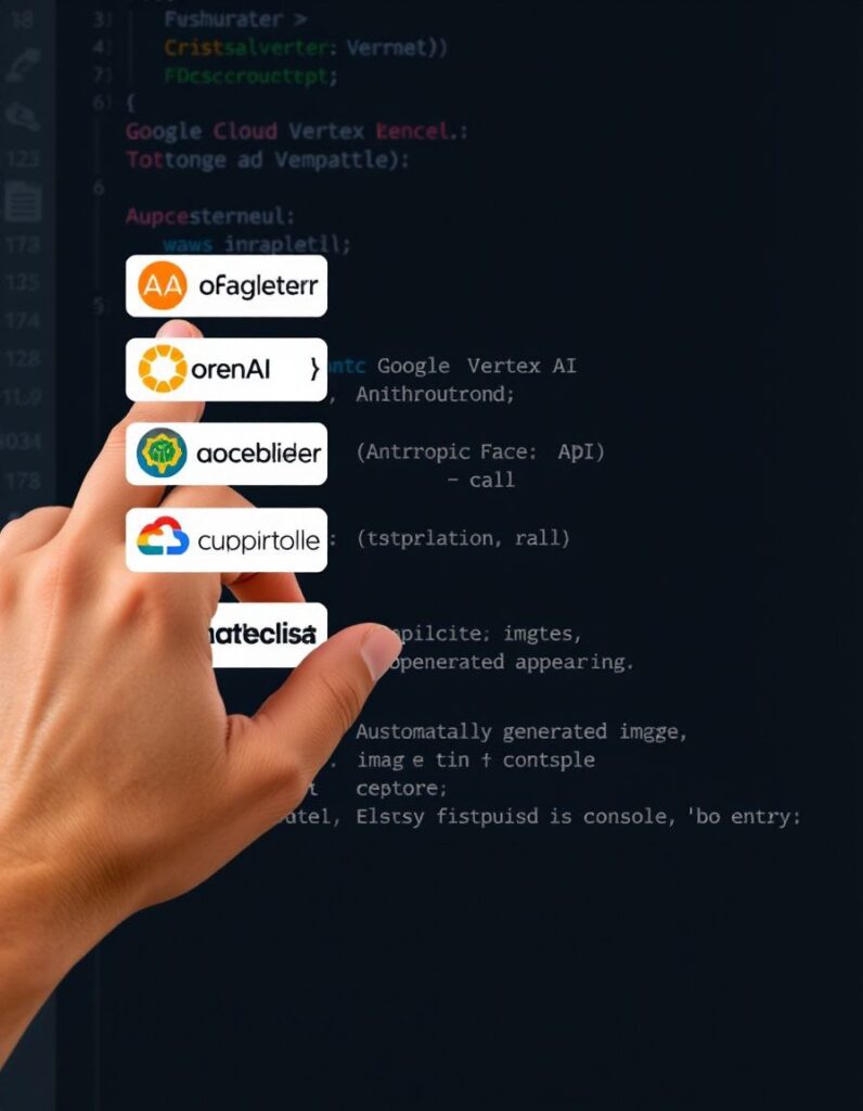 A developer's hand interacting with a code editor, featuring logos and symbolic code snippets for generative AI APIs like OpenAI, Google Cloud Vertex AI, Anthropic, Hugging Face, Replicate, and AWS Bedrock, demonstrating easy integration of AI-generated content.