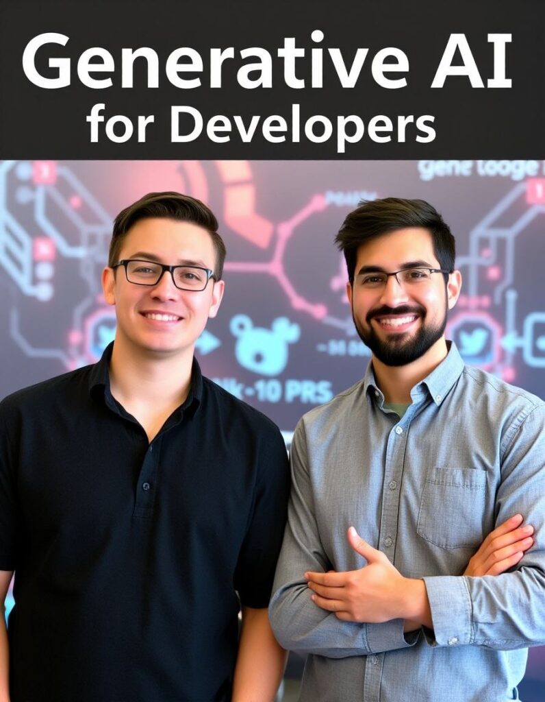 Multi-panel visual demonstrating generative AI use cases: AI-powered code completion, AI-generated UI prototypes from text, AI chatbots for app development, and automated report generation, all created by generative AI.
