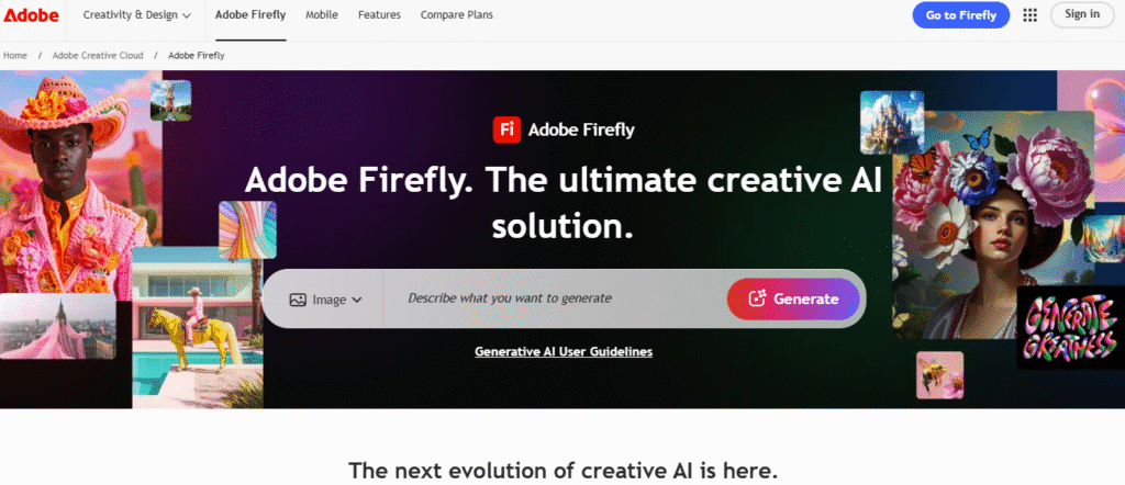 Adobe Firefly's text-to-image generator with prompt input and various style controls on the sidebar.