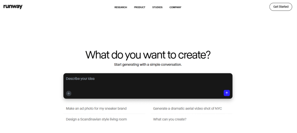 RunwayML's Gen-2 text-to-video interface showing the prompt input field and video generation options.