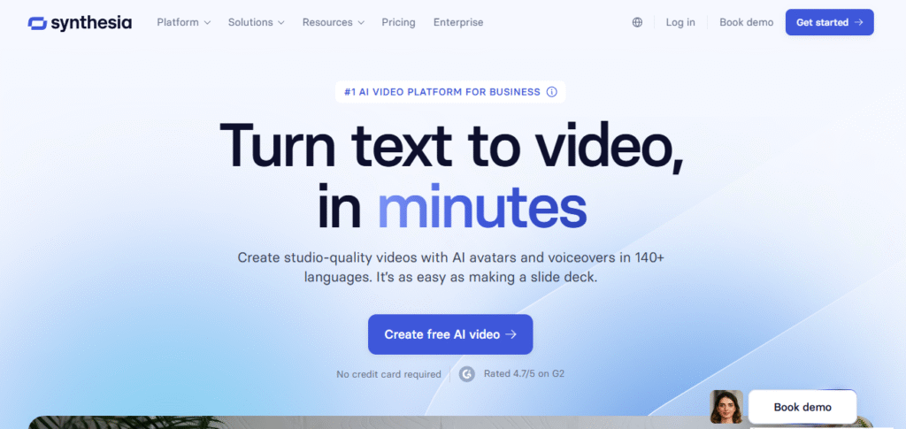 Synthesia's video creation dashboard displaying an AI avatar, text script input, and video editing timeline.